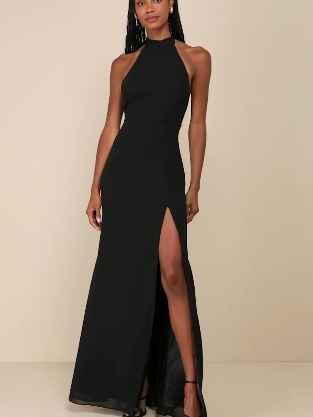 Black Halter Neck Evening Dress with Side Slit